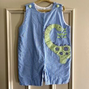 John John in Blue Stripe with Green Gingham Dinosaur | 3T